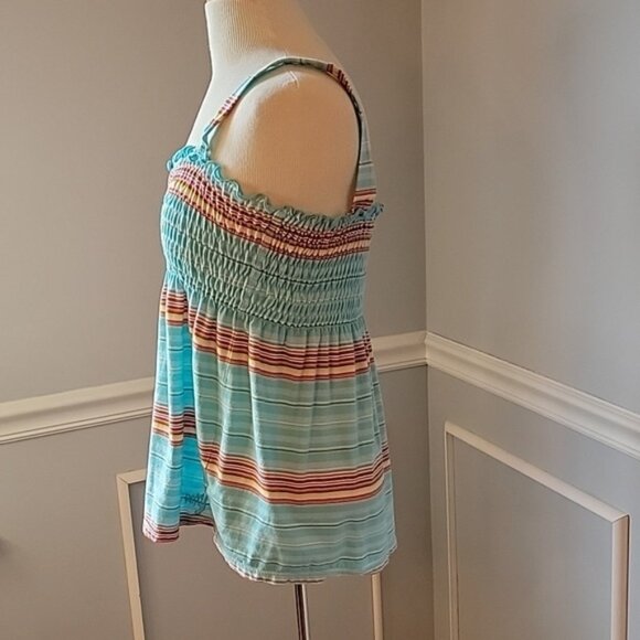 ROXY Retro Boho Aqua Striped Smocked Flowy Sleeveless Baby Doll Summer Top Sz L - Picture 2 of 9